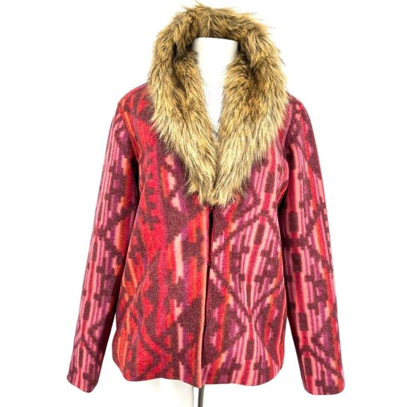 NWOT Colleen Lopez Women Faux Fur Trimmed Southwest Patterned Red Jacket Size S - Picture 1 of 12